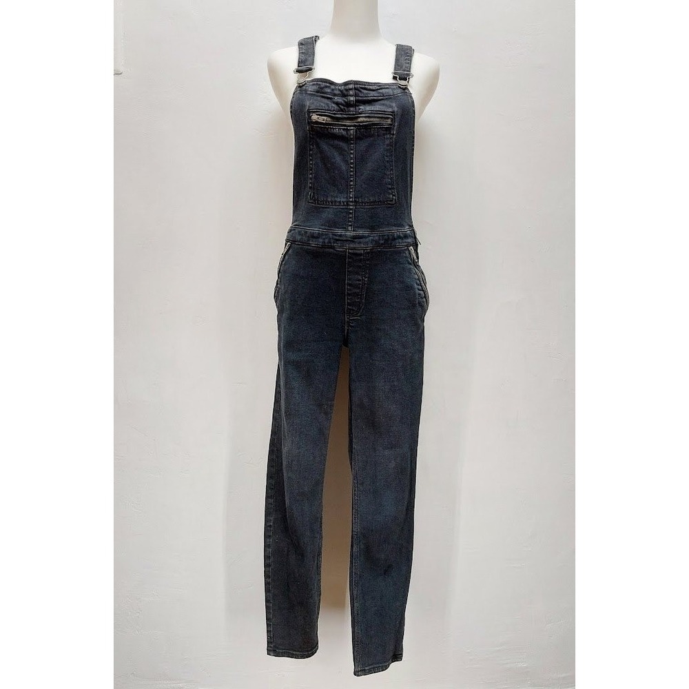 Free People Denim Overalls Women's Slim Fit W28 Black Zipper Bib Stretch Pocket